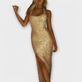 Elena – šaty s halter výstřihem a vysokým rozparkem