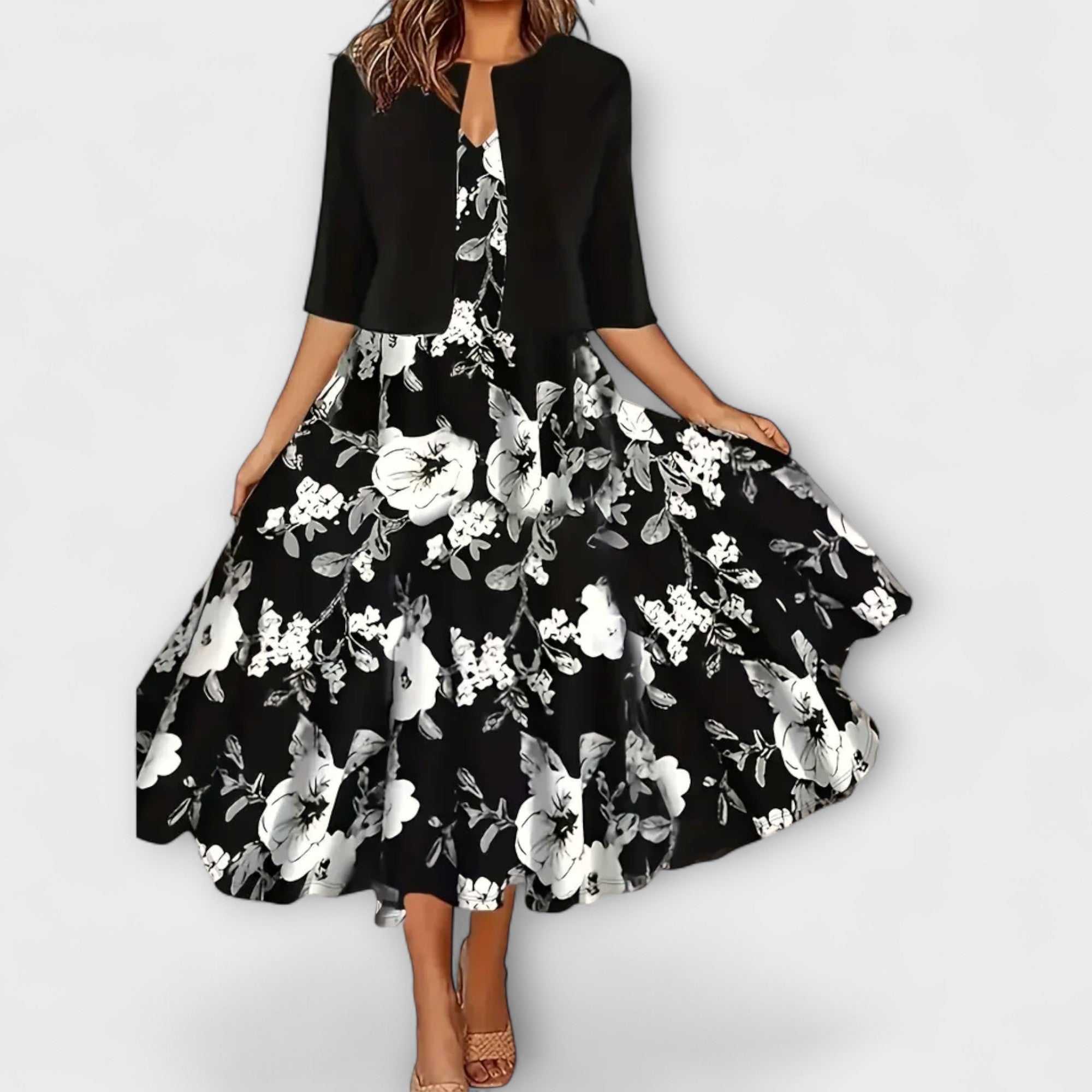 Božetěška - Květinové midi šaty s ladícím přehozem