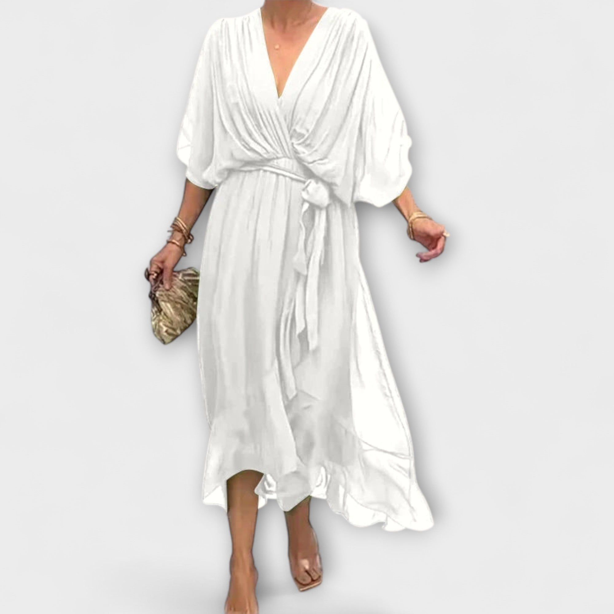 Mirka - Lehké dámské midi šaty s výstřihem do V a zavazováním v pase