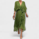 Mirka - Lehké dámské midi šaty s výstřihem do V a zavazováním v pase