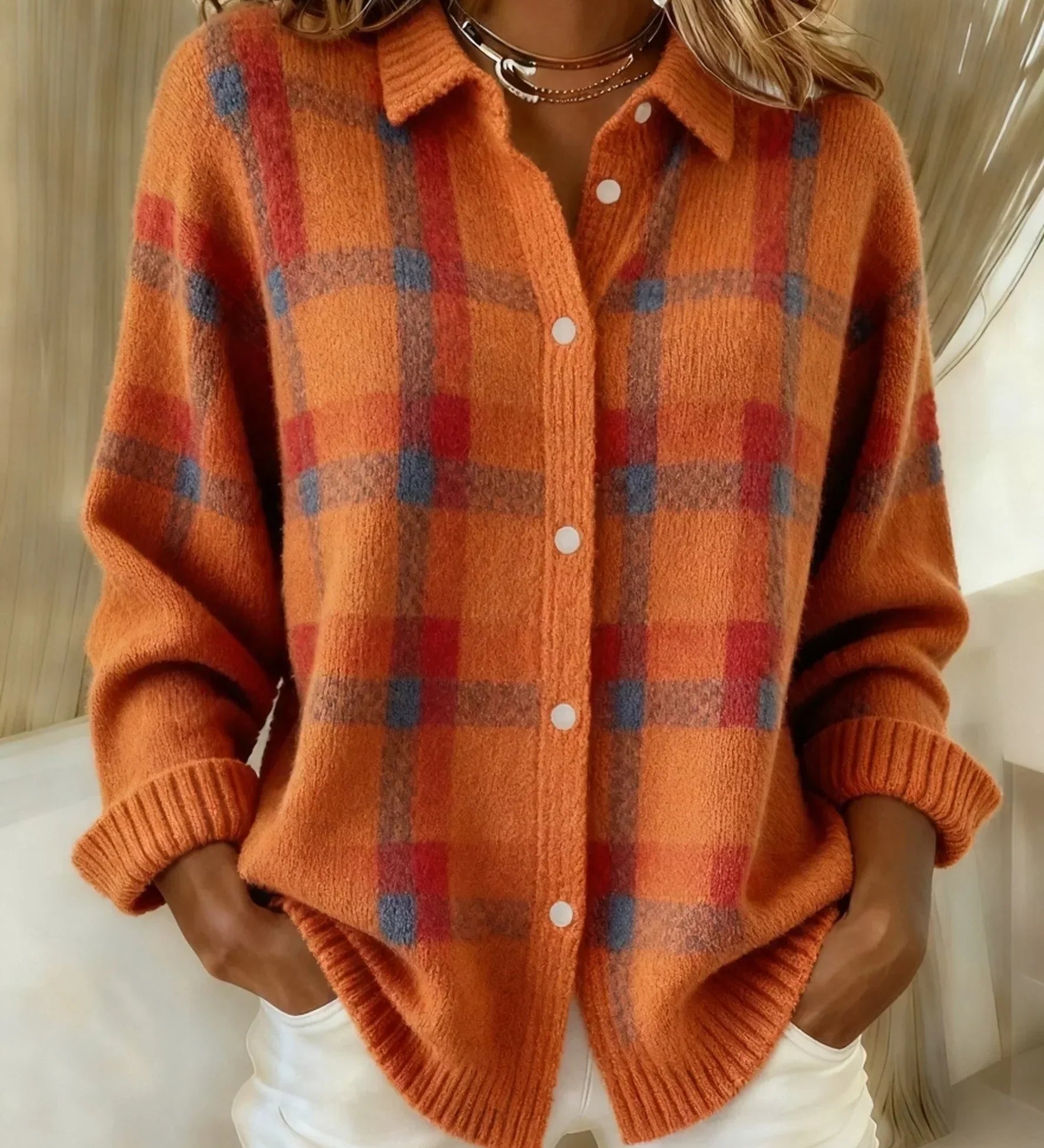 Karolína | Kostkovaný pletený kardigan na knoflíky