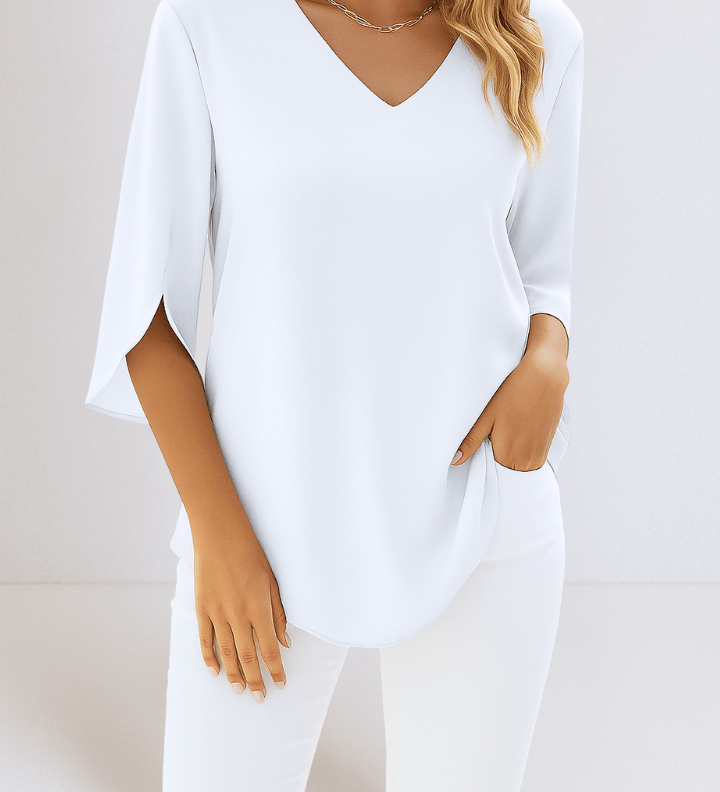 Stylový top s V-výstřihem a otevřenými rukávy