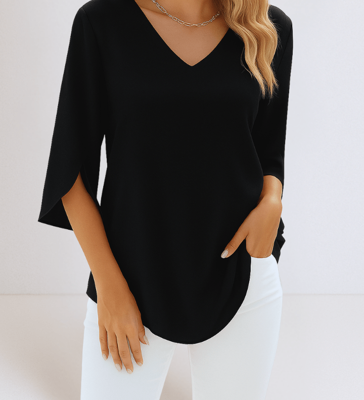 Stylový top s V-výstřihem a otevřenými rukávy
