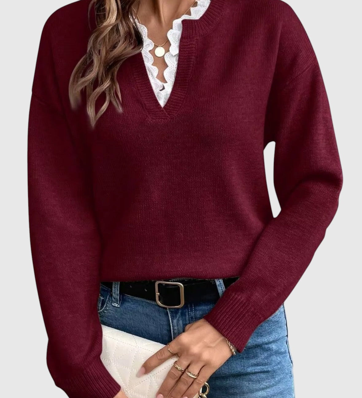 Karolína – Prémiový svetr s krajkou ve výstřihu do V