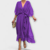 Mirka - Lehké dámské midi šaty s výstřihem do V a zavazováním v pase