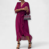 Mirka - Lehké dámské midi šaty s výstřihem do V a zavazováním v pase